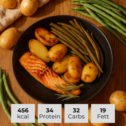 15. Lachs mit Rosmarinkartoffeln und Bohnen