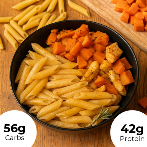 16. Süßkartoffeln mit Hähnchenbrust dazu Nudeln