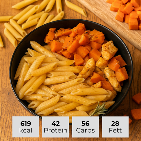 16. Süßkartoffeln mit Hähnchenbrust dazu Nudeln