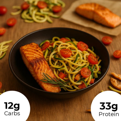 18. Lachs mit Zucchininudeln und Gemüse