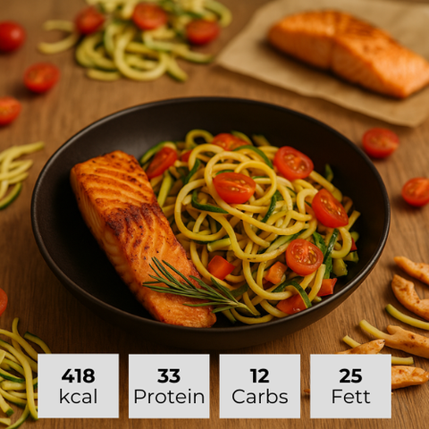 18. Lachs mit Zucchininudeln und Gemüse