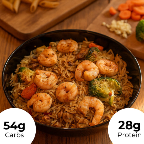 4. Gemüsepfanne mit Garnelen und Reis